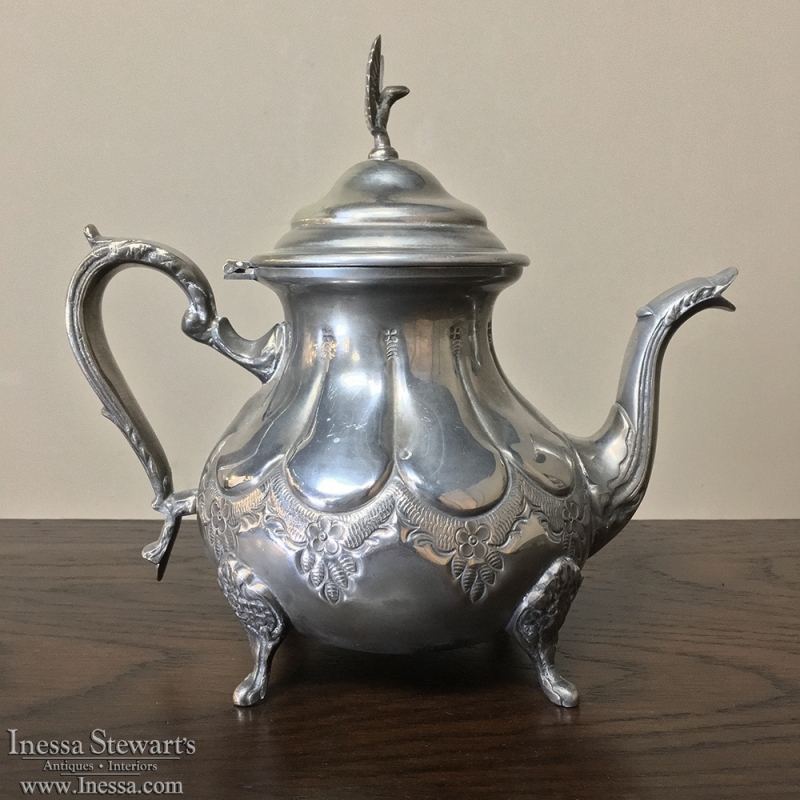 Antique Embossed Silverplate Pewter Teapot - Inessa Stewart's Antiques