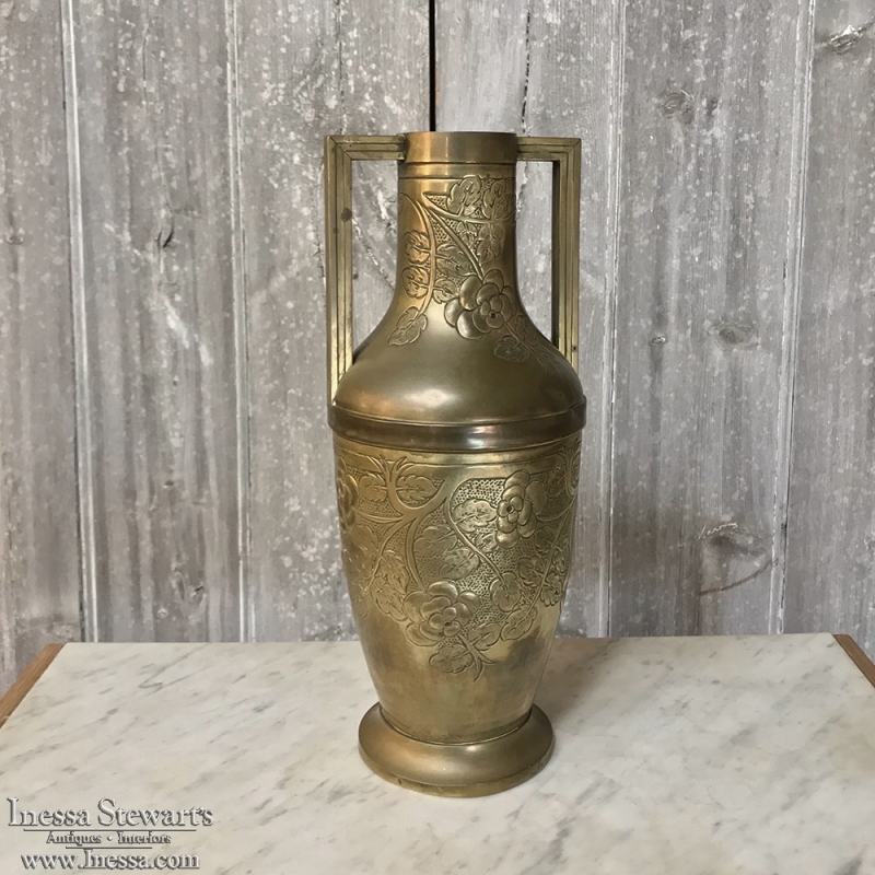 French Art Deco Hand Embossed Brass Vase - Inessa Stewart's Antiques