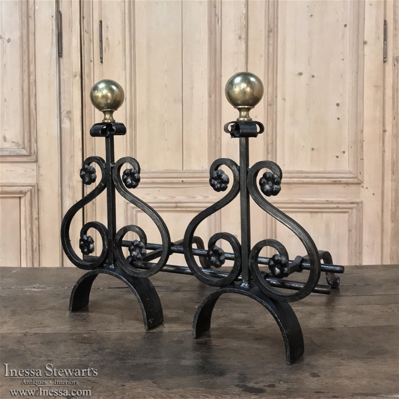 Pair 19th Century Wrought Iron & Brass Andirons