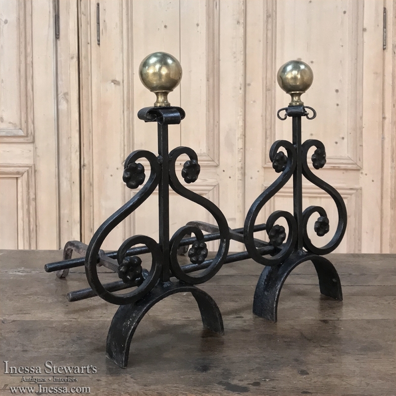 Pair 19th Century Wrought Iron & Brass Andirons