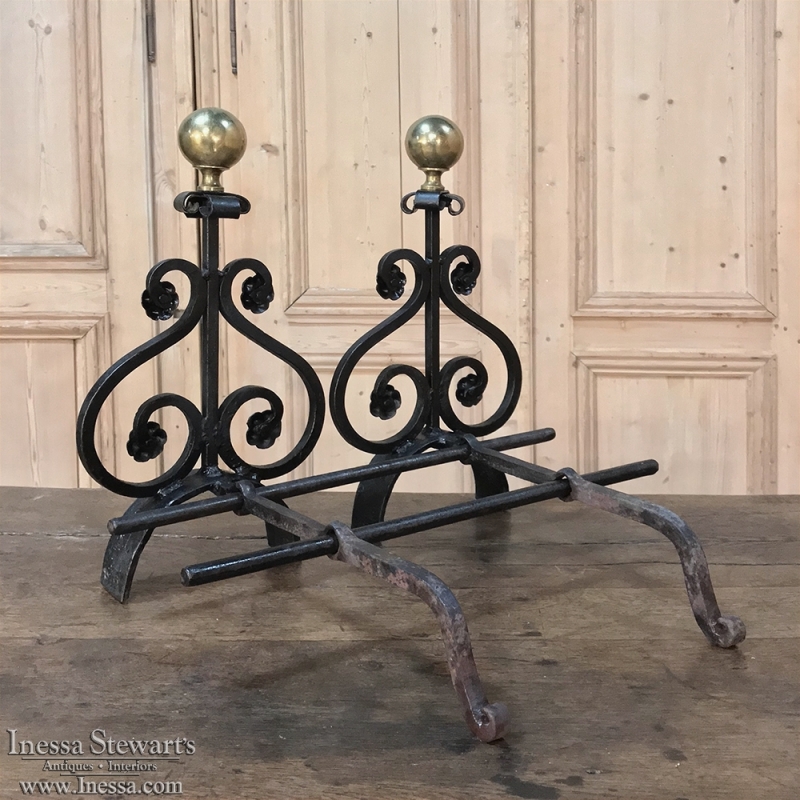 Pair 19th Century Wrought Iron & Brass Andirons