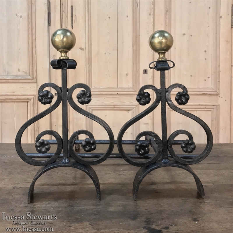 Pair 19th Century Wrought Iron & Brass Andirons