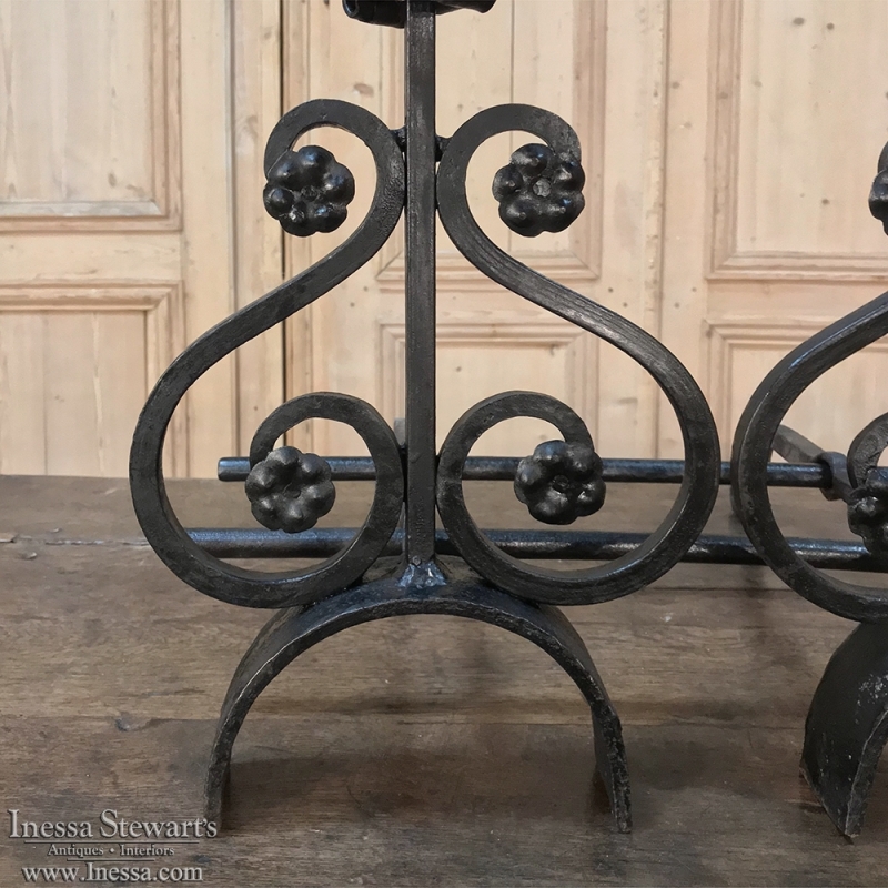 Pair 19th Century Wrought Iron & Brass Andirons