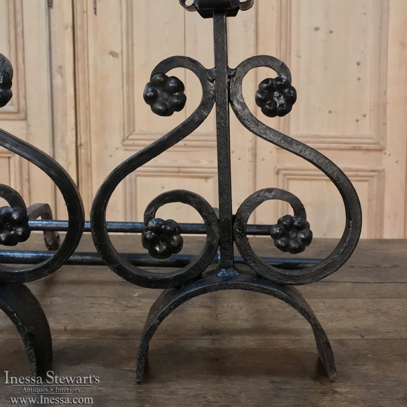 Pair 19th Century Wrought Iron & Brass Andirons