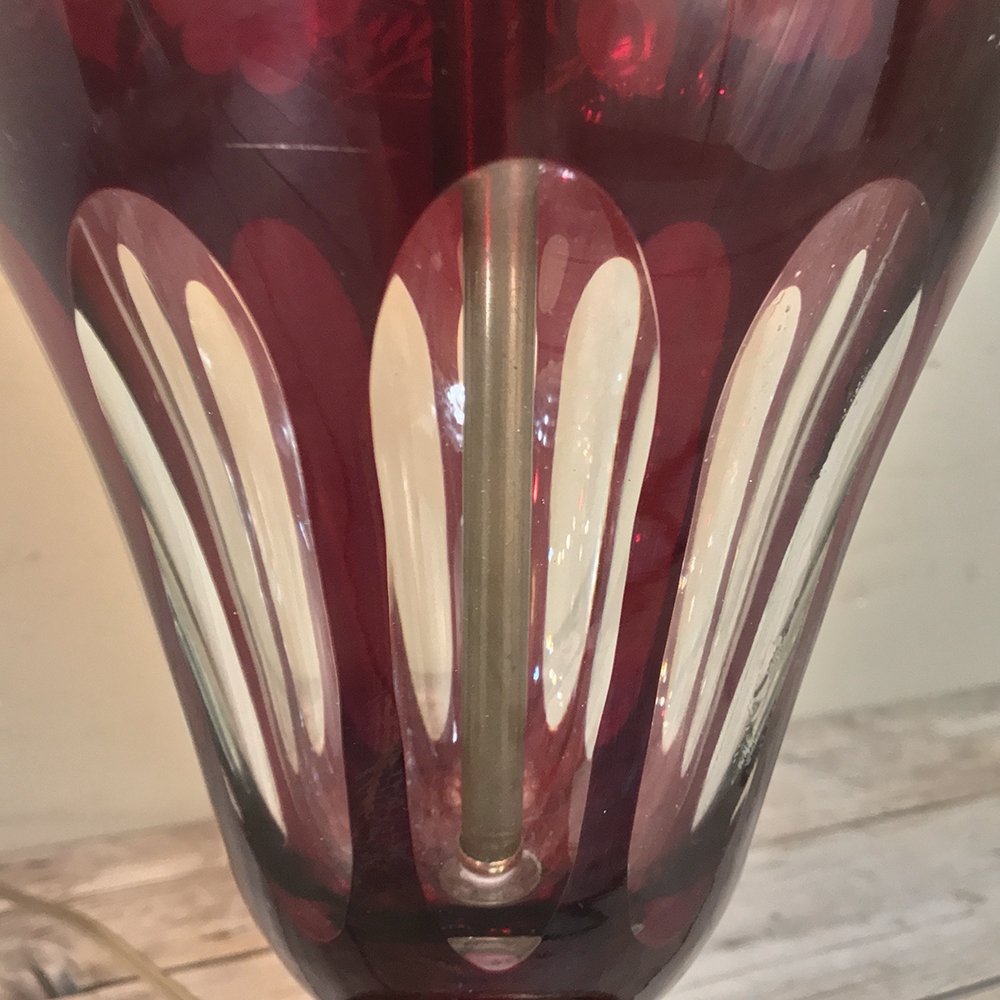 Vintage Ruby Red Cut To Clear Glass & Brass Table Lamp