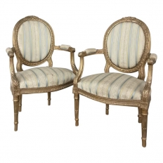 19th Century French Louis XVI Style Fauteuil Chair in Striped Linen  Upholstery