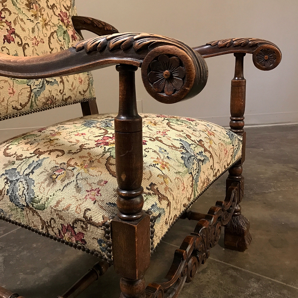 Set of antique French Louis XIII style dining chairs in oak, circa 1890.