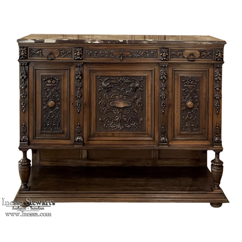 19th Century French Louis XIV Walnut Marble Top Raised Buffet