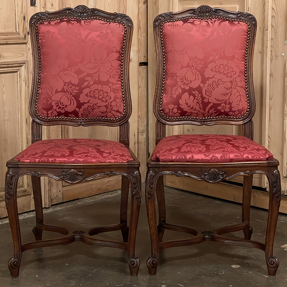 French Louis XV Style Set Six Plaid Upholstered Dining Chairs