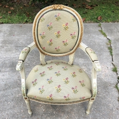 19th Century French Louis XVI Painted Needlepoint Armchair