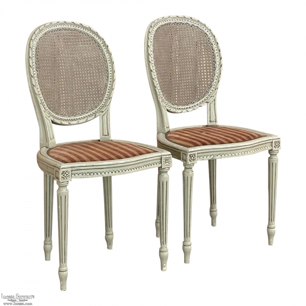 Pair Antique French Louis XVI Chairs with Distressed Painted Finish