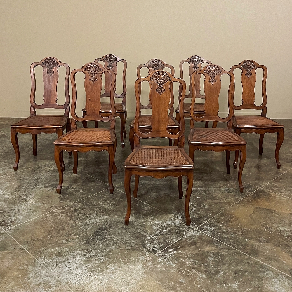 French Set of 8 Louis XV Style Dining Chairs w/Cane Backs and