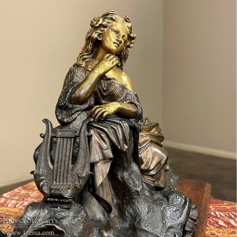 19th Century French Bronze Statue of Maiden with Lyre