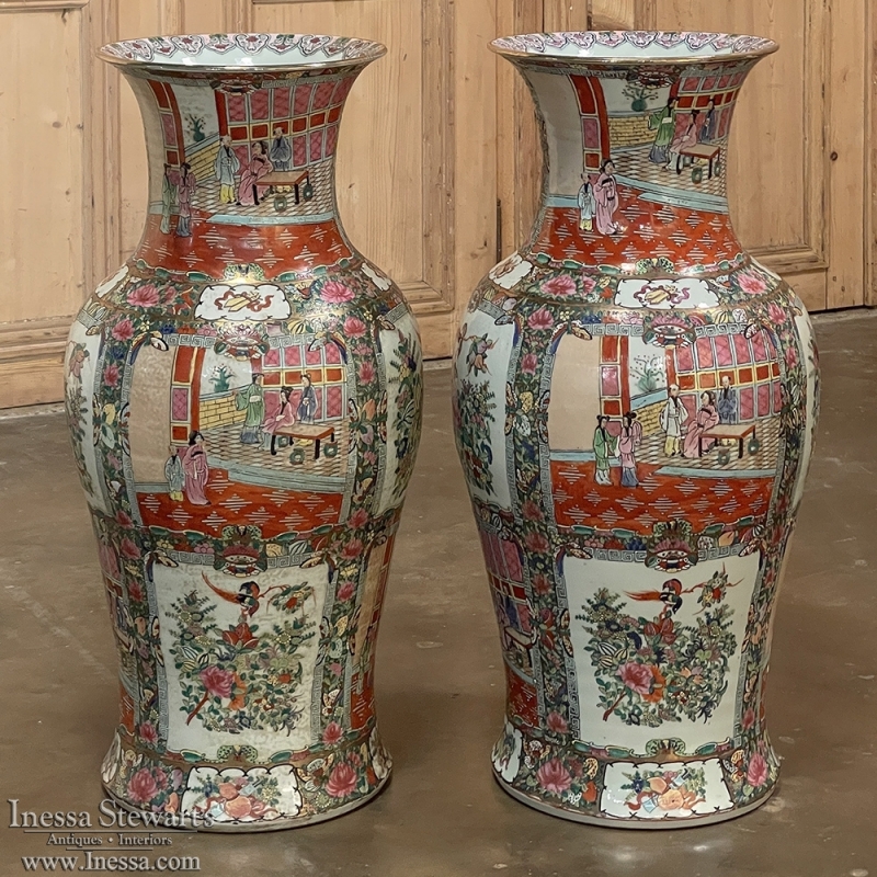 Pair Antique Chinese Hand-Painted Vases