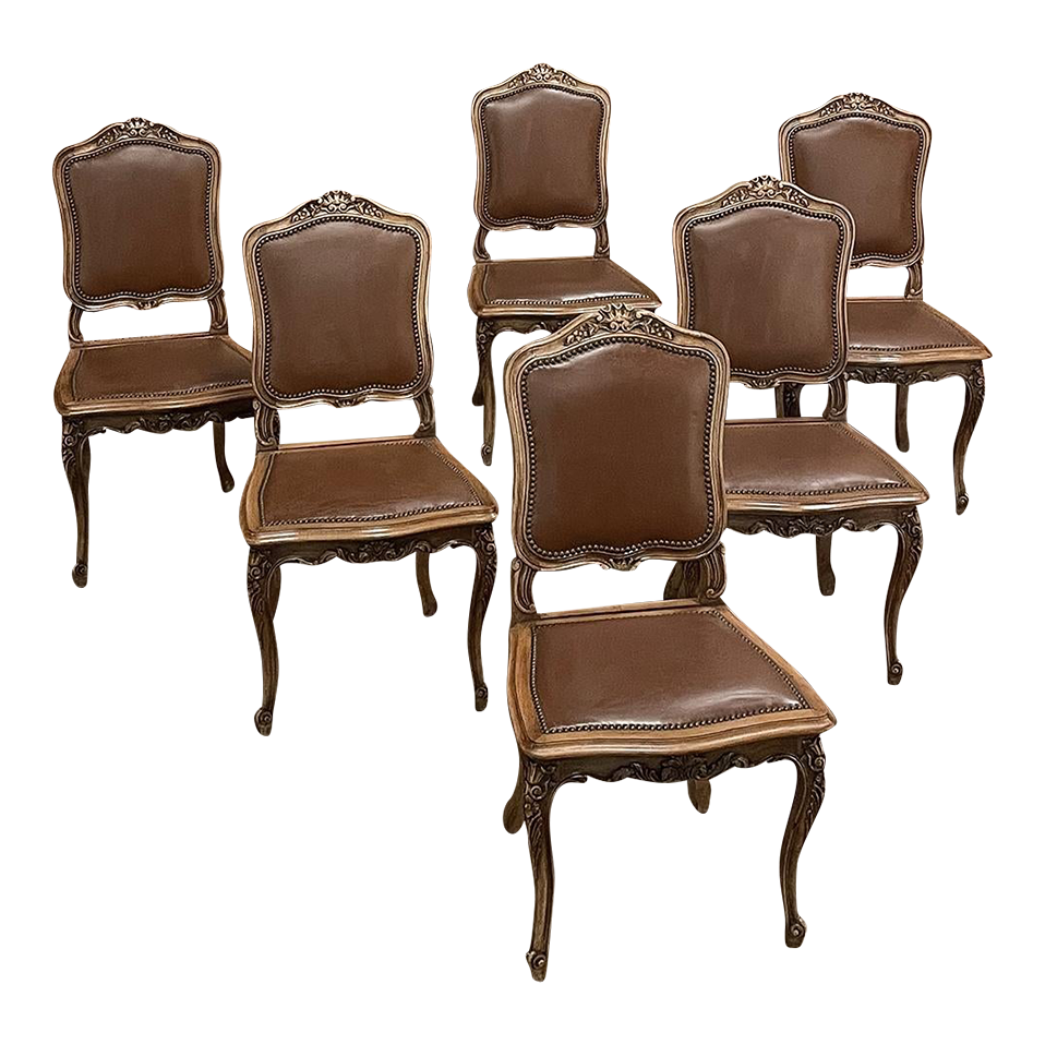 Set of 6 French Louis XV Antique Carved Walnut Dining Chairs, New Upholst  #40118