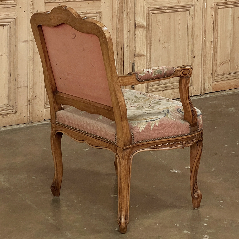 French louis xiv walnut floral tapestry upholstered armchair