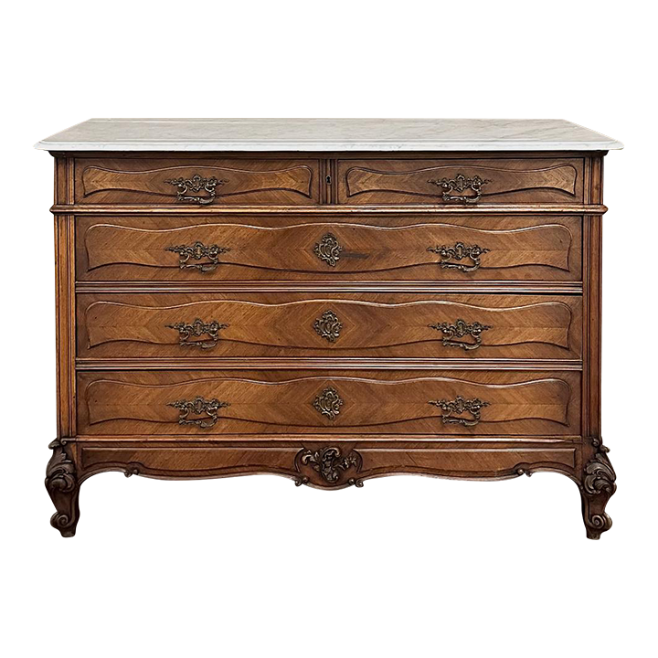 Antique French Louis XV Walnut Commode with Carrara Marble