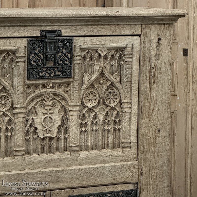 Antique French Gothic Revival Dry Bar ~ Raised Cabinet in Stripped Oak