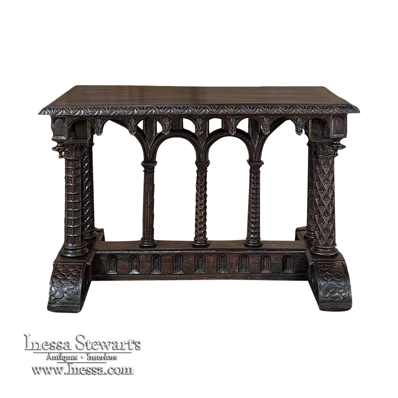 19th Century French Napoleon III Period Gothic Revival Walnut Library Table