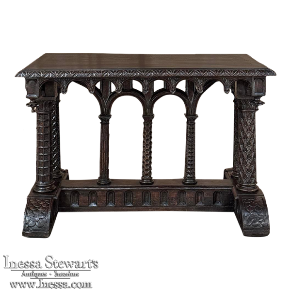 19th Century French Napoleon III Period Gothic Revival Walnut Library Table