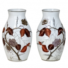 Pair 19th Century French Hand-Painted Opaline Glass Flower Vases