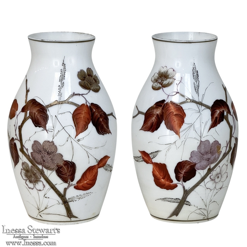 Pair 19th Century French Hand-Painted Opaline Glass Flower Vases