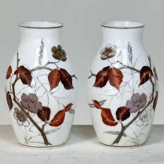 Pair 19th Century French Hand-Painted Opaline Glass Flower Vases