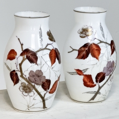 Pair 19th Century French Hand-Painted Opaline Glass Flower Vases