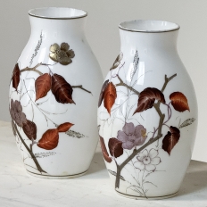 Pair 19th Century French Hand-Painted Opaline Glass Flower Vases