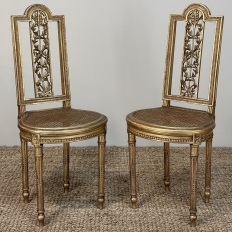 Pair 19th Century French Giltwood Louis XVI Salon Chairs with Cane Seats