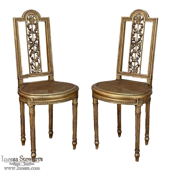 Pair 19th Century French Giltwood Louis XVI Salon Chairs with Cane Seats