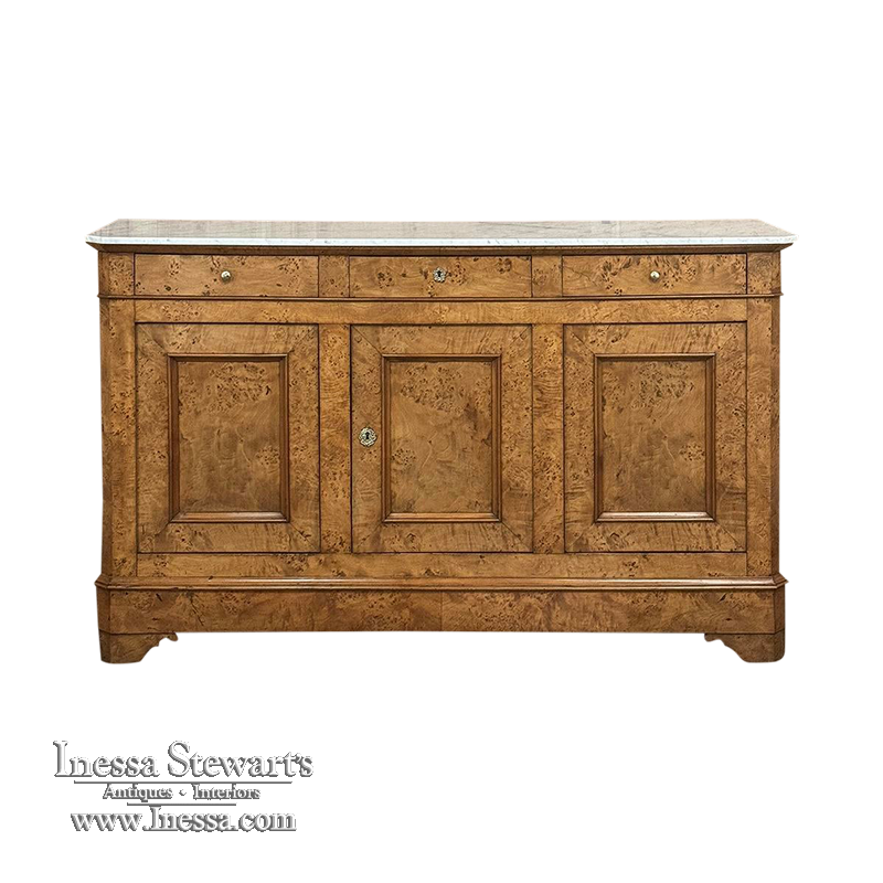 Early 19th Century French Charles X Burl Fruitwood Buffet with Carrara Marble Top