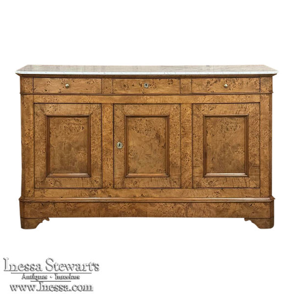 Early 19th Century French Charles X Burl Fruitwood Buffet with Carrara Marble Top