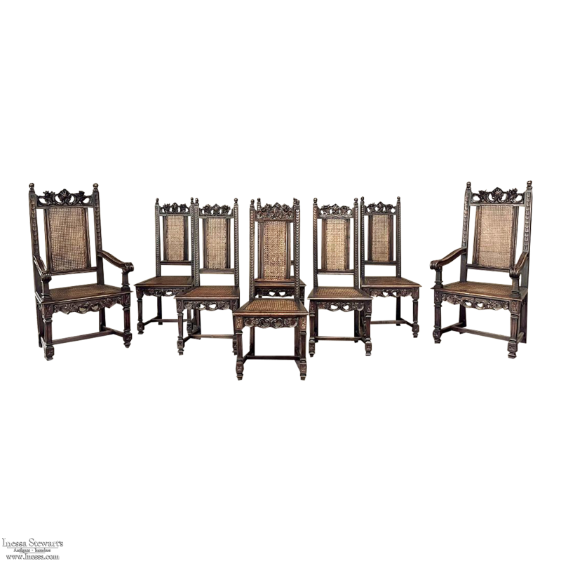 Set of 8 Italian Neoclassical Walnut Caned Dining Chairs includes 2 Armchairs