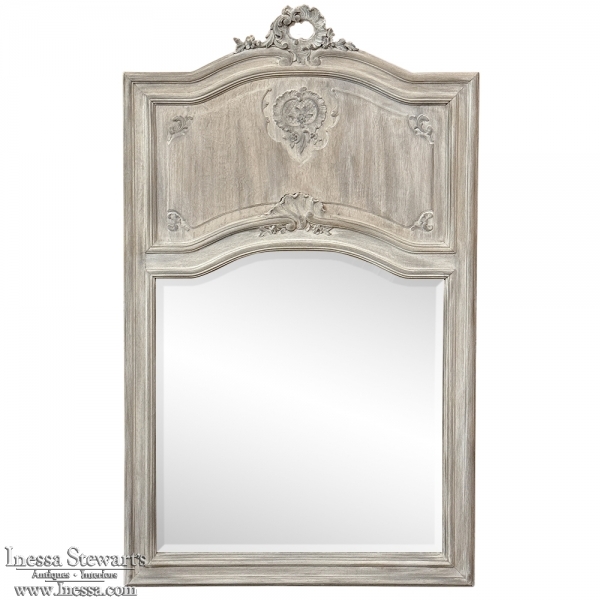 Antique Country French Louis XV Whitewashed Trumeau Mirror