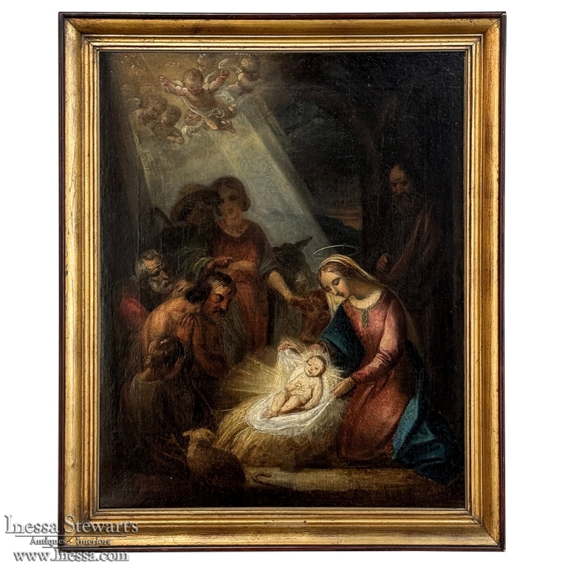 18th Century Framed Oil Painting on Canvas of Nativity ~ Flemish School