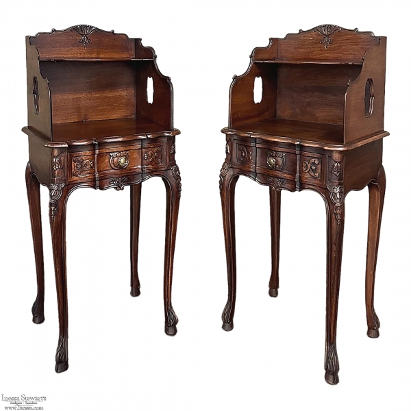 Pair Antique Country French Louis XV Walnut Nightstands ~ Side Tables