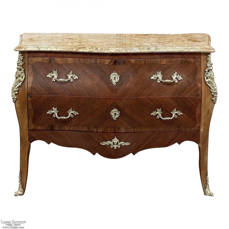 Antique French Louis XV Marquetry Marble Top Commode