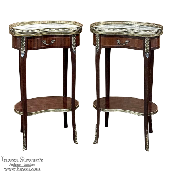 Pair Antique French Louis XVI Kidney Shaped End Tables ~ Nightstands