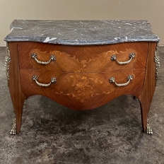 19th Century French Louis XV Marquetry Marble Top Commode