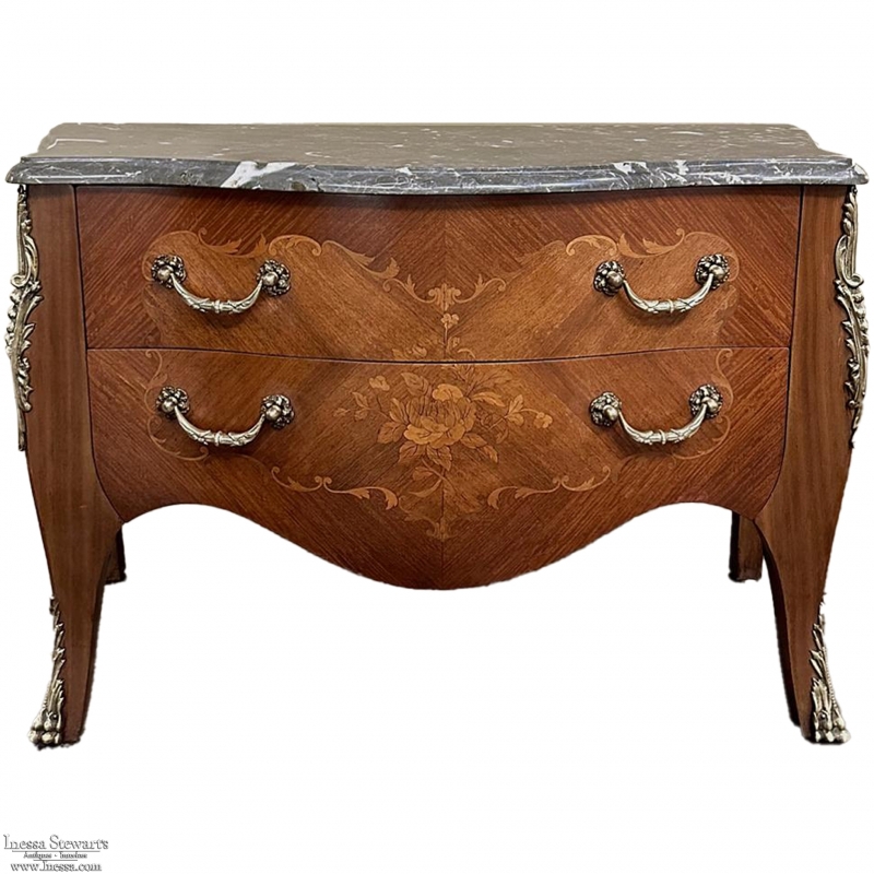 19th Century French Louis XV Marquetry Marble Top Commode