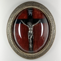 19th Century Crucifix in Oval Giltwood Frame with Glass