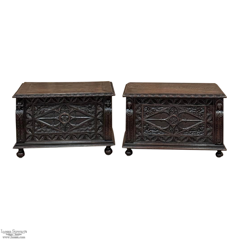 PAIR 19th Century French Gothic Revival Trunks ~ Blanket Chests