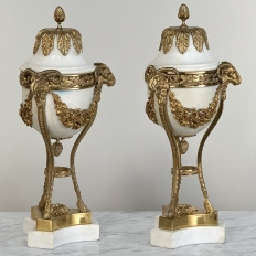 Pair Antique Carrara Marble and Bronze D'Or Cassolettes ~ Mantel Urns