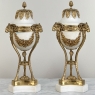 Pair Antique Carrara Marble and Bronze D'Or Cassolettes ~ Mantel Urns