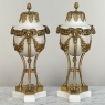 Pair Antique Carrara Marble and Bronze D'Or Cassolettes ~ Mantel Urns