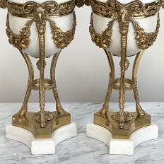 Pair Antique Carrara Marble and Bronze D'Or Cassolettes ~ Mantel Urns