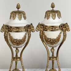 Pair Antique Carrara Marble and Bronze D'Or Cassolettes ~ Mantel Urns