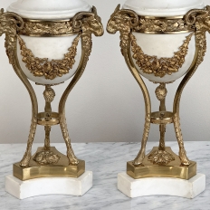 Pair Antique Carrara Marble and Bronze D'Or Cassolettes ~ Mantel Urns