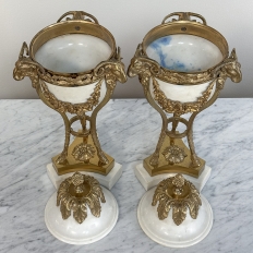 Pair Antique Carrara Marble and Bronze D'Or Cassolettes ~ Mantel Urns